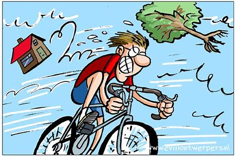 Cartoon van fietser met tegenwind